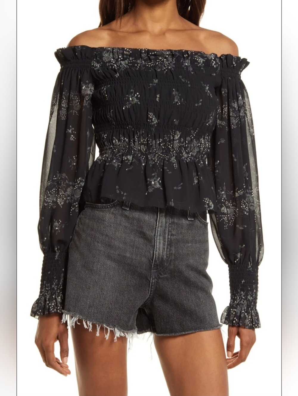 ​AllSaints Lara Initium Black Floral Smocked Peplum Top Size 4